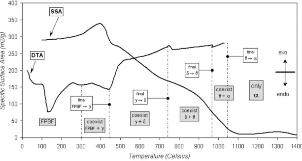Figure 6 shows the DTA curve of the membrane powder: there is a large endothermic peak, starting  about 300 o C with maximum at 450 o C; two small exothermic peaks (or ”humps”, according to Mackenzie  [18] about 750 o C and 950 o C; a large and a small end