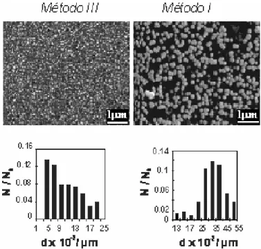 Figura 4: Micrografías SEM e histogramas mostrando el efecto del método de deposición de catalizadores  de PtRu en la distribución de tamaño de partículas 