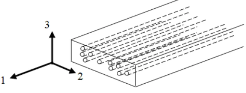 Figura 2: Representação esquemática de um compósito unidirecional (1D) e eixos correspondentes