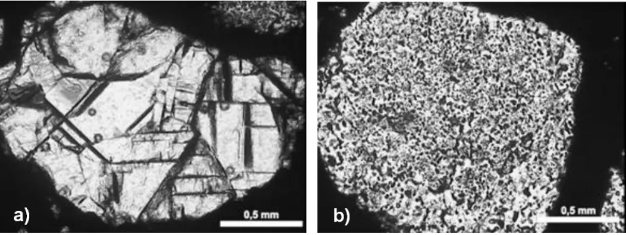 Figura 3: Detalhe dos grãos de MgO (a) eletrofundido e   (b) sinterizado do tijolo refratário magnésia-carbono