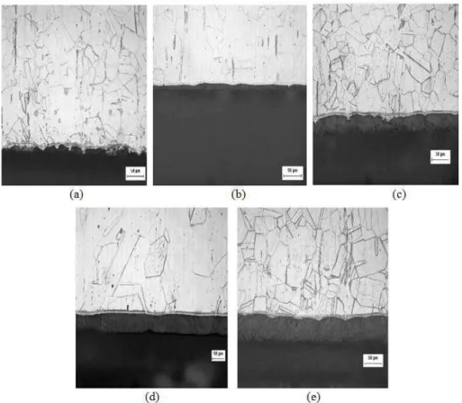 Figura 2: Micrografias das amostras nitretadas dentro da gaiola catódica a 773 K na pressão de 250 Pa  durante (a) 1 hora, (b) 2 horas, (c) 2,5 horas, (d) 3 horas e (e) 5 horas