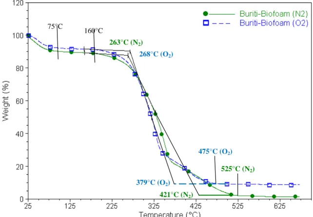 Figure 3: TGA curves showing the main temperatures associated with thermal events occurring to the buriti  biofoam