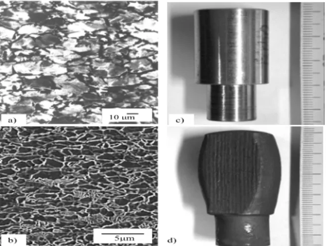 Figure 1: Ferrite - pearlite structure of the soaked (a) and thermomecanically processed medium carbon steel  (b)