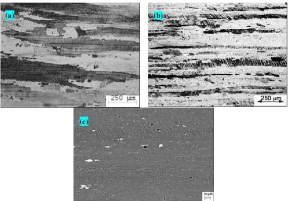 Figure 1: (a) Microstructure of 7050Al alloy in W condition. (b) and (c) Microstructures of 7050Al alloy  after one pass of ECAP at Tamb, OM and SEM, respectively