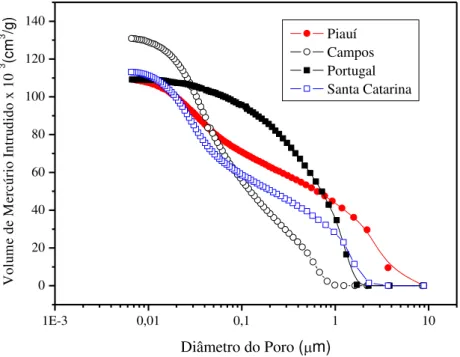 Figura 4: Curvas de porosimentria ao mercúrio das cerâmicas queimadas a 975°C. 