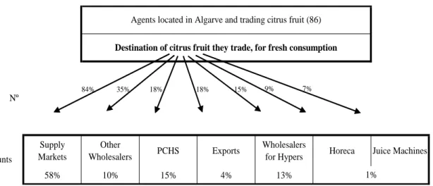 Figure 1 – Algarve citrus distribution channels – representativeness of each one, concerning  the number of agents using them and traded amounts