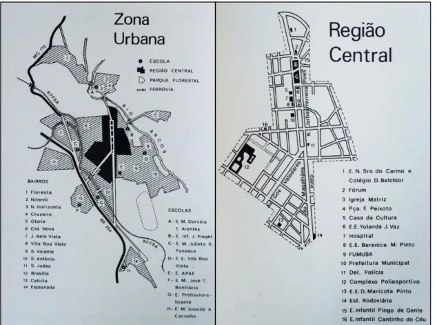 Figura 21: À esquerda a Zona Urbana de Arcos em 1992 e à direita detalhe da Região Central no mesmo ano