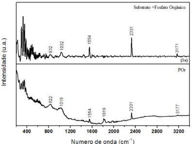 Figura 7: Espectros Raman de amostra da molécula de POr pura (pó) e do aço carbono tratado com solução de POr