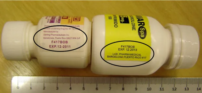 Figura 8: Frascos dos medicamentos “Winstrol CIII” e “Anavar SPa”. Apesar de se tratarem  de  produtos  diferentes  e  declararem  fabricantes  diferentes,  ambos  trazem  endereços  semelhantes, sendo um “Barceloneta, Puerto Rico 00617” e o outro “Barcelo