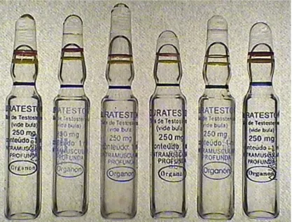 Figure 1. Different ampoules of counterfeit Durateston® compared with an original  ampoule (far left)