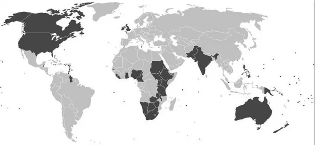Figura 4. Mapa das nações onde o Inglês é uma língua oficial ou uma língua predominante  Fonte: http://en.wikipedia.org/wiki/List_of_countries_by_spoken_languages 