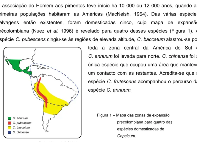 Figura 1 – Mapa das zonas de expansão  précolombiana para quatro das  espécies domesticadas de  Capsicum
