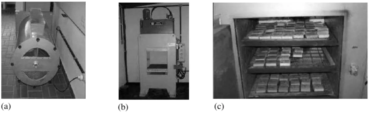 Figure 2: Equipment used in panel production: mixer (a); hydraulic press (b); cooling chamber (c)