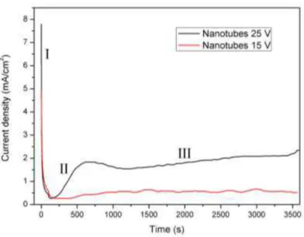 Figure 1: Current densities as function of time during anodization of TiO 2  nanotubes obtained at 15 V and 25 V