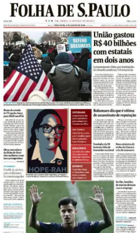 Fig. 6: Primeira página da Folha de São Paulo. São Paulo, 09/01/2018. 