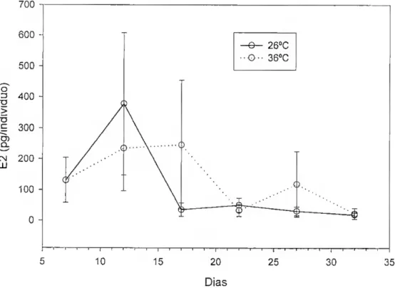 Figura 2 - Efeito da temperatura no conteúdo de 17(3-estradiol na tilápia de Moçambique durante os  primeiros 35 dias após a fertilização