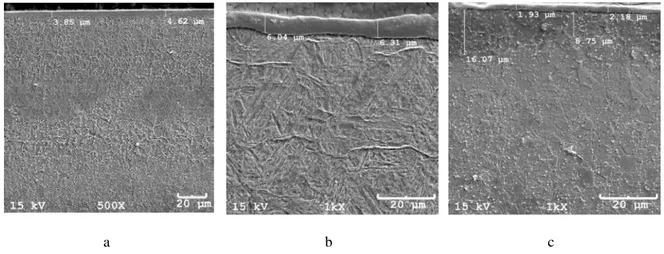 Figure 1: AISI H13 steel thermochemically treated a) plasma nitriding; b) gas nitriding; c) solid nitriding