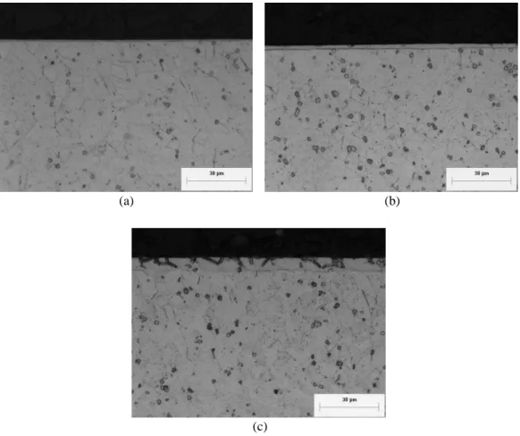 Figura 6: Micrografia do aço ISO 5832-1 nitretado por 3 h em: (a) 350 °C, (b) 400 °C, (c) 450 °C