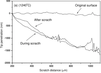 Figure 4: Evaluation of the surface profile, using nanoscratch in: (a) superaustenitic steel sample and (b) austenitic steel  AISI 304