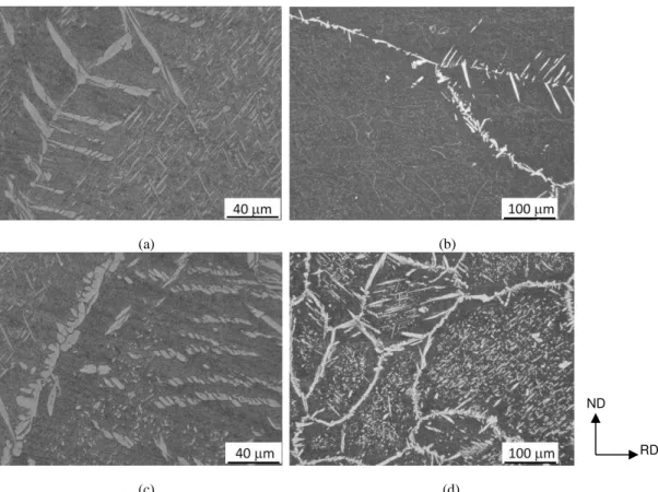 Figure 9: Optical metallography of the FZ for the A (a),(c) and B (b),(d) specimens. Etched with Behara etchant