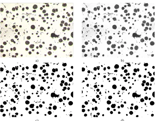 Figura 7: Etapas de pré-processamento do SVC desenvolvido, em que (a) Imagem original, (b) imagem em escala de cinza  e (c) imagem limiarizada por Otsu e (d) Operação morfológica de Abertura de (c) com elemento estrurante 3x3
