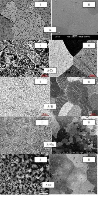 Figure 1: Microstructure of Samples in [i] homogenised and [ii] quenched conditions  