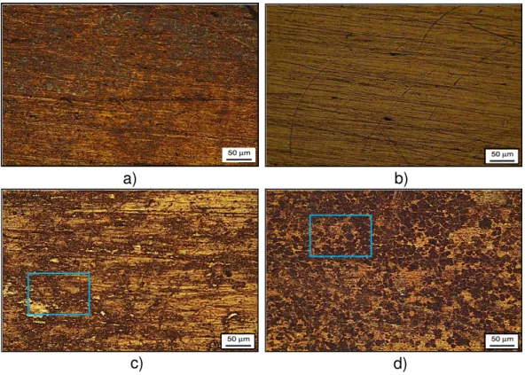 Figura 4: Micrografía 10X de las pruebas: a) P1, b) P3, c) P4 y d) P6. 