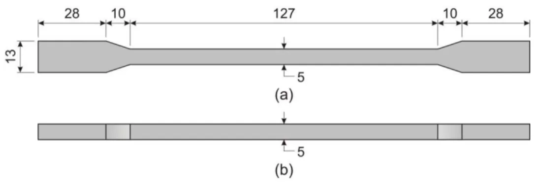 Figure 1: Dimension of the specimens used in the tensile properties tests (values in mm)