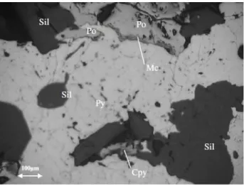 Figure  1: Photomicrograph of a large pyrrhotite (Po) crystal with incipient alteration to marcasite (Mc) in contact with  pyrite (Py), inclusion of chalcopyrite (Cpy) and intergrowth with silicate (Sil)