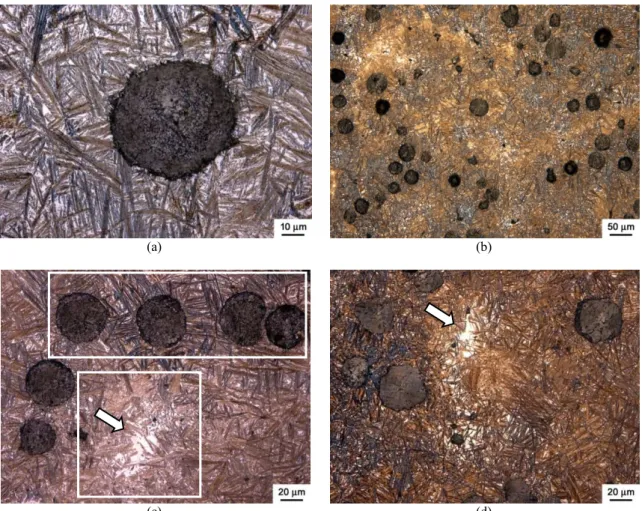 Figure 2: Set of light optical micrographs for a sample austenitized at 900°C and austempered at 370°C showing: a) typi- typi-cal microstructure of ADI; b) segregation at intercellular regions (lighter brown areas); c) and d) transformation gradients  afte