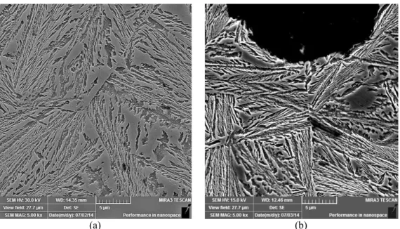 Figure 4: SEM micrographs of samples austenitized at 930°C and austempered at: a) 370°C; b) 300°C.