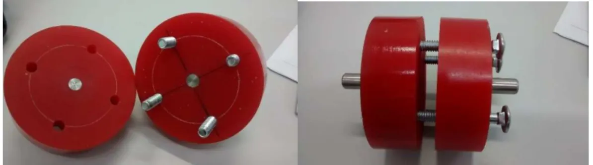 Figure  1: Electrochemical cell built for EIS and two-probe measurements. Sample is centered in contact with stainless  steal electroctes (at left) and when the cell is closed (at right), working and reference terminals are plugged on both steal  connector