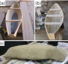 Figure  2: Prototype manufacturing steps: (a)  molding the boat; (b) miriti boat finished; (c) covering the boat with jute  fiber