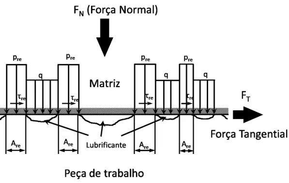 Figura  14:  Representação  esquemática  do  contato  entre  a  chapa e  a  matriz  para  situações  de  lubrificação  de  contorno