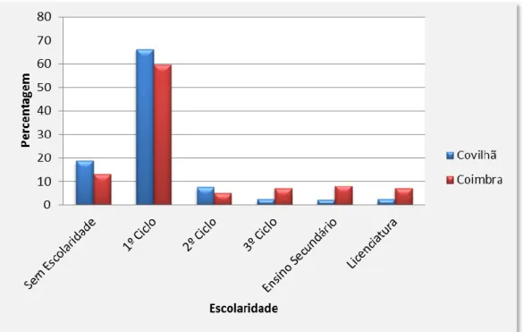 Gráfico 17. Caraterização da amostra total em função do local e da escolaridade 