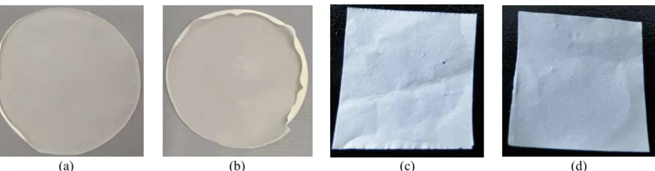 Figure 2: Films obtained by solution casting (a) PHBVc, (b) PHBV/CNFsc; mats obtained by electrospinning (c) PHBVe  and (d) PHBV/CNFse