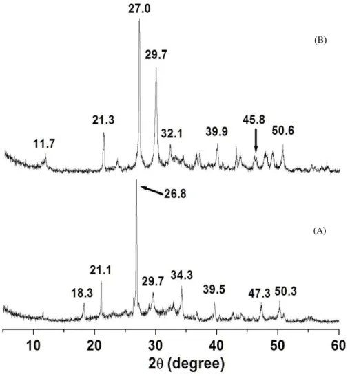 Figure 4: X-rays diffractograms of slurry-pol, before (A) and after (B) contact with produced water