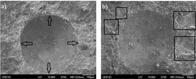 Figure 6: SEM micrographs of VDI adhesion test on a) Q/T-TiN and b) B-TiN. 