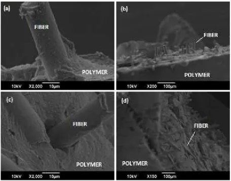 Figure 8: SEM images for the samples processed with different fiber percentages. (a) and (b) 10 wt%, (c) and (d) 25 wt%