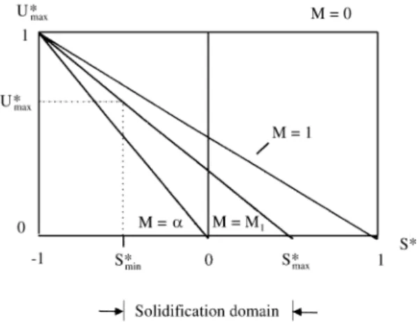 Figure 6.  Schematic representation of the solidification domain gene- gene-rated by a thermal shock by a mold with M = M 1 .