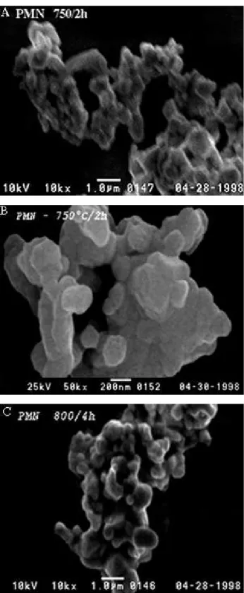 Figure 8. SEM micrographs for PMN samples: a) Route 1-750 °C/2 h, b) Route 2-750 °C/2 h, c) Route 2-800 °C/4 h.