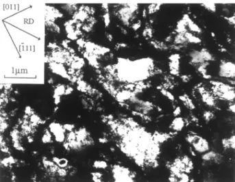 Figure 3. TEM observation of closed cell structure after a strain amount in rolling equal to 0.26 in a grain with <1 1 2> axis normal to the sheet plane (RD, rolling direction).