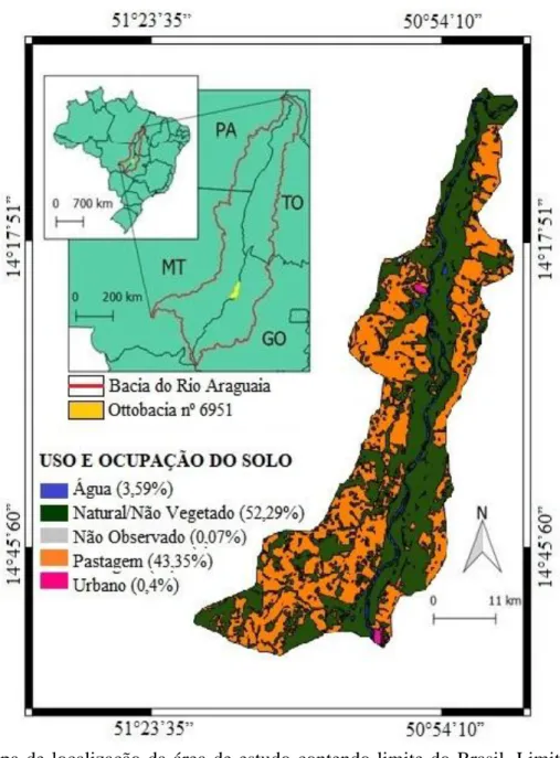 Figura  2.1:Mapa  de  localização  da  área  de  estudo  contendo  limite  do  Brasil,  Limite  da  Bacia  do 