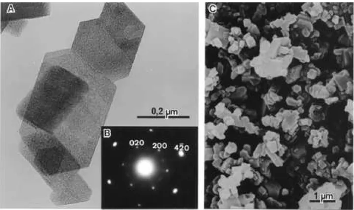 Figure 4C is an scanning electron micrograph of the powder of kappa-Al 2 0 3 ; the particles are agglomerates of stacks or booklets of plates of different sizes and very irregular profile; however, in some points of the Fig