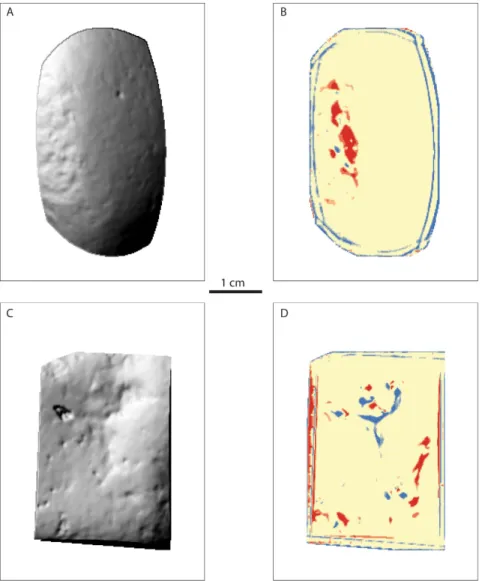 Figure 7. Contrasting spatial autocorrelation analysis (e.g. Hot Spot Getis-Ord*) of an experimentally produced hammerstone (A–B) and a naturally damaged specimen (C–D)