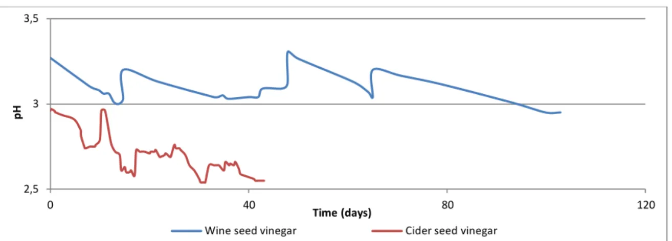 Table 7: Comparison of parameters obtained by fermentation with cider seed vinegar and wine seed vinegar 