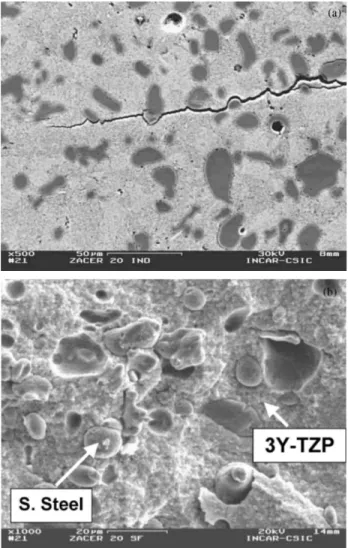 Figure 5. A) SEM micrograph illustrating the form of a crack initiated through a Vickers indentation in sample with 20 vol.% metal
