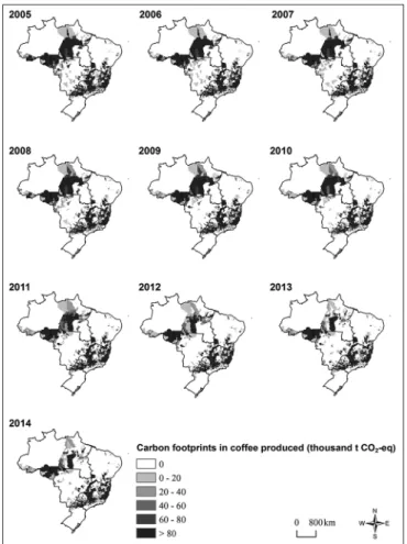 Fig 1. Spatial distribution of Carbon Footprint (million t CO 2 -eq) for  coffee monoculture (C