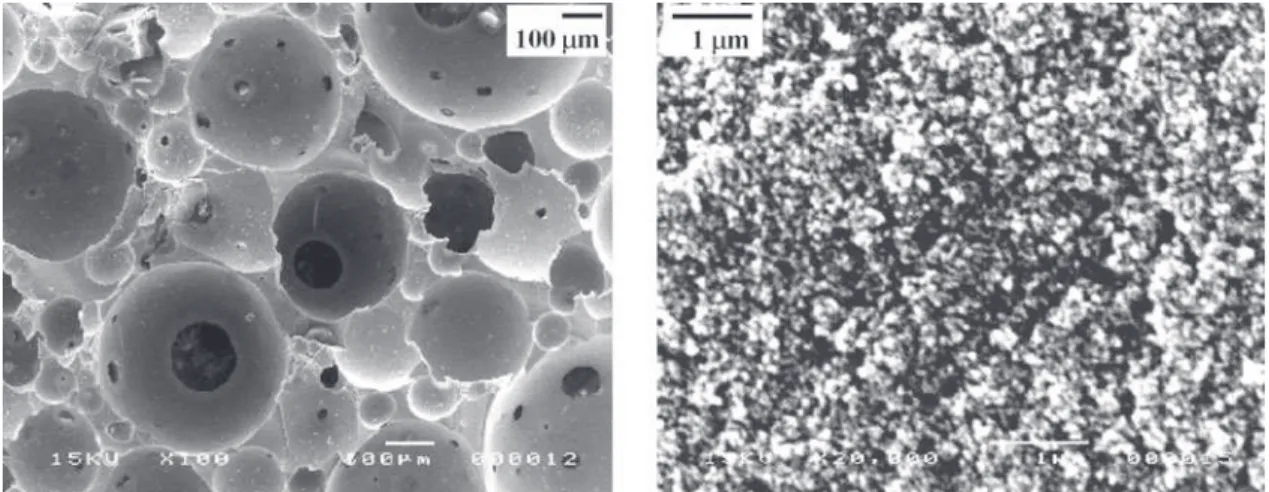 Figure 3. Typical pore size distribution of bioactive foams (70S30C) produced by foaming of sol-gels showing two main pore size ranges determined by a) mercury porosimetry and b) nitrogen sorption