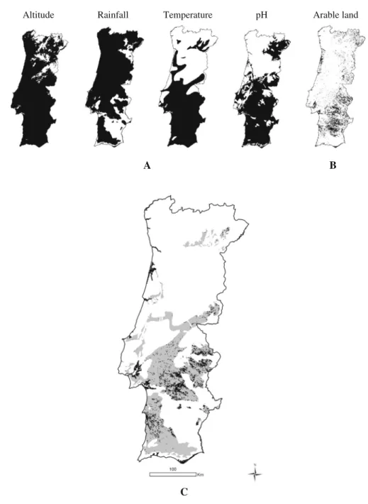 Fig. 1 a Source datasets with tree distribution limiting thresholds; b rain-fed arable land; c potential tree distribution for Q